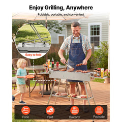 Foldable Charcoal Grill, 0.16 m² Portable Charcoal Barbecue Grill with Liftable Charcoal Tray & Side Tables, Brushed Stainless Steel BBQ Cooking Grills for Outdoor Camping Backyard Parties