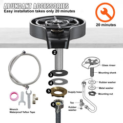 Glass Rinser, 10 Powerful Spraying Jets Rotating Cup Rinser for Sink, Wearproof ABS Kitchen Sink Faucet Cup Washer & ABS Cup Holder for Baby Bottle, Glass Cup, Wine Glass (Black Base)