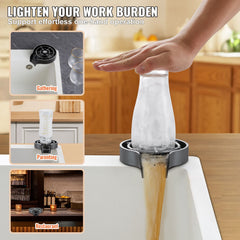 Glass Rinser, 10 Powerful Spraying Jets Rotating Cup Rinser for Sink, Wearproof ABS Kitchen Sink Faucet Cup Washer & ABS Cup Holder for Baby Bottle, Glass Cup, Wine Glass (Black Base)