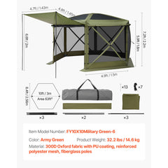 Pop up Gazebo Screen Tent, 3x3 m Large 6-Sided Camping Canopy Tent with Removable Top & Carry Bag, Quick-Set & Bite-Proof, Screen House Sun Shelter for 6-8 Persons Backyard Patio, Green