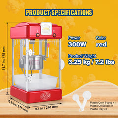 Popcorn Popper Machine Tabletop Popcorn Maker 300W 2.5 Oz Red