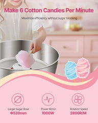 Electric Cotton Candy Machine, 1000W Commercial Candy Floss Maker with 52cm Stainless Steel Bowl, Sugar Scoop, and Drawer, Easy Home Use, Perfect for Kids Birthday, Family Party, Pink