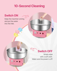 Electric Cotton Candy Machine, 1000W Commercial Candy Floss Maker with 52cm Stainless Steel Bowl, Sugar Scoop, and Drawer, Easy Home Use, Perfect for Kids Birthday, Family Party, Pink