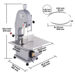 Commercial Electric Meat Bandsaw, 1500W Stainless Steel Countertop Bone Sawing Machine, Workbeach 19.3" x 15", 0.16-7.9 Inch Cutting Thickness, Frozen Meat Cutter with 6 Blades for Rib Pork Beef