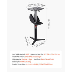 Bench Grinder Stand, Bench Grinder Vise Floor Pedestal with 31.5 x 25.4 cm Mounting Plate, Height-Adjustable Pedestal Stand with Grinding Wheel Storage Compartment & Heavy-Duty Cast Iron Base