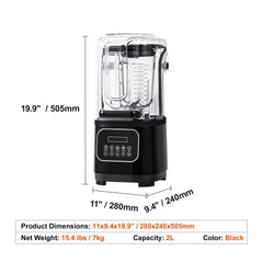 Professional Blender with Shield, Commercial Countertop Blenders, 2L Jar Blender Combo, Stainless Steel 9 Speed & 5 Functions Blender, for Shakes, Smoothies, Peree, and Crush Ice, Black