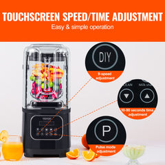 Professional Blender with Shield, Commercial Countertop Blenders, 2L Jar Blender Combo, Stainless Steel 9 Speed & 5 Functions Blender, for Shakes, Smoothies, Peree, and Crush Ice, Black
