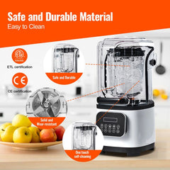 Professional Blender with Shield, Commercial Countertop Blenders, 2L Jar Blender Combo, Stainless Steel 9 Speed & 5 Functions Blender, for Shakes, Smoothies, Peree, and Crush Ice, White