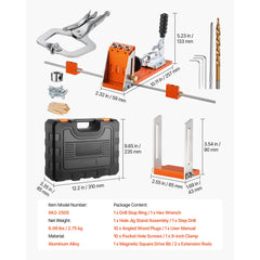 Pocket Hole Jig Kit, 12.7 to 38.1 mm Adjustable, Jig Pocket Hole System with Toolcase, C-Clamp, Step Drill, Hex Wrench, Drill Stop Ring, Square Drive Bit, Reinforced Metal Frame, for Woodworking