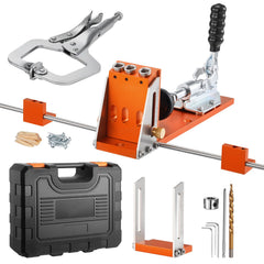 Pocket Hole Jig Kit, 12.7 to 38.1 mm Adjustable, Jig Pocket Hole System with Toolcase, C-Clamp, Step Drill, Hex Wrench, Drill Stop Ring, Square Drive Bit, Reinforced Metal Frame, for Woodworking