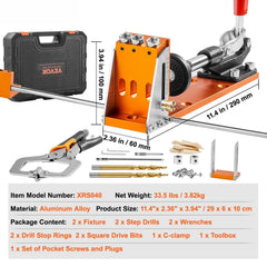 Pocket Hole Jig Kit, 34 Pcs Pocket Hole Jig System with C-clamp, Fixture, Step Drills, Wrenches, Drill Stop Rings, Square Drive Bits, Toolbox, for DIY Carpentry Projects, Adjustable