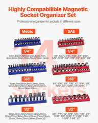 Magnetic Socket Organizer Set, 6PCS Socket Holder, 1/4'', 3/8'' & 1/2'' Metric SAE Socket Trays with Clear Labels, Hold up to 143PCS Standard & Deep Sockets (Sockets Not Included)