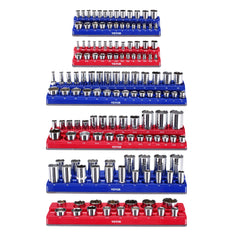 Magnetic Socket Organizer Set, 6PCS Socket Holder, 1/4'', 3/8'' & 1/2'' Metric SAE Socket Trays with Clear Labels, Hold up to 143PCS Standard & Deep Sockets (Sockets Not Included)