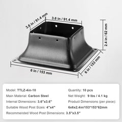 101.6x101.6mm Post Base 10Pcs, Internal 91x91mm Heavy Duty Powder-Coated Steel Post Bracket Fit for Standard Wood Post Anchor, Decking Post Base for Deck Porch Handrail Railing Support