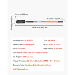 Trench Shovel, 10.4 cm Blade Heavy-Duty Trenching Shovel, Narrow Spade Trench Digger with Fiberglass Handle and Non-Slip Grip, for Gardening, Digging Holes, Trenching, and Planting, 142.5 cm