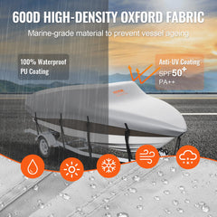 Boat Cover 600D Waterproof 17-19 ft Boat Cover V-Hull Tri-Hull Runabout