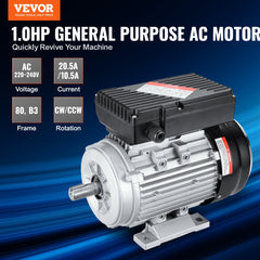 0.75KW Electric Motor 1400 rpm, AC 220~240V 5.45A, 80, B3 Frame, Air Compressor Motor Single Phase, 19mm Keyed Shaft, CW/CCW Rotation for Agricultural Machinery and General Equipment