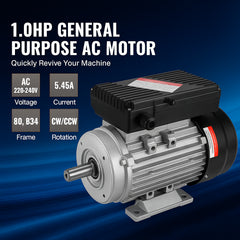 0.75KW Electric Motor 1400 rpm, AC 220~240V 5.45A, 80, B34 Frame, Air Compressor Motor Single Phase, 19mm Keyed Shaft, CW/CCW Rotation for Agricultural Machinery and General Equipment
