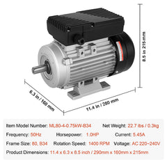 0.75KW Electric Motor 1400 rpm, AC 220~240V 5.45A, 80, B34 Frame, Air Compressor Motor Single Phase, 19mm Keyed Shaft, CW/CCW Rotation for Agricultural Machinery and General Equipment