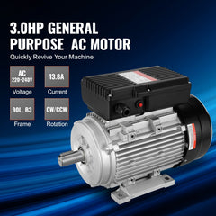 2.2KW Electric Motor 2800 rpm, AC 220~240V 13.8A, 90L, B3 Frame, Air Compressor Motor Single Phase, 24mm Keyed Shaft, CW/CCW Rotation for Agricultural Machinery and General Equipment