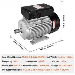 2.2KW Electric Motor 2800 rpm, AC 220~240V 13.8A, 90L, B3 Frame, Air Compressor Motor Single Phase, 24mm Keyed Shaft, CW/CCW Rotation for Agricultural Machinery and General Equipment