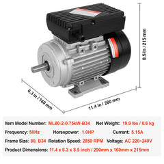 0.75KW Electric Motor 2850 rpm, AC 220~240V 5.15A, 80, B34 Frame, Air Compressor Motor Single Phase, 19mm Keyed Shaft, CW/CCW Rotation for Agricultural Machinery and General Equipment