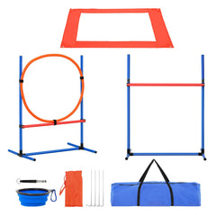 Dog Agility Training Equipment, 4 PCS Set with Adjustable High Hurdles,6 Weave Poles,Jump Ring,Square Pause Box,Whistle,Foldable Bowl, Puppy Obstacle Course Kit for Backyard, Indoor, Outdoor