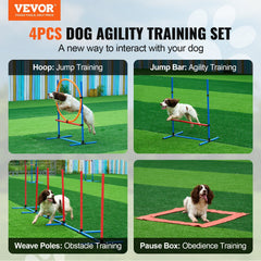Dog Agility Training Equipment, 4 PCS Set with Adjustable High Hurdles,6 Weave Poles,Jump Ring,Square Pause Box,Whistle,Foldable Bowl, Puppy Obstacle Course Kit for Backyard, Indoor, Outdoor