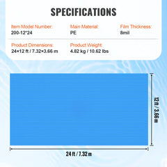 Solar Pool Cover, 24 x 12 ft Rectangle Solar Blanket for Pools, Inground Above Ground Swimming Pool Solar Cover, 8 mil Solar Covers Blue