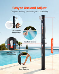 40L Solar Heated Shower, 205cm Showerhead Height Outdoor Shower, with Handheld & Foot Faucet, Hot & Cold Water Adjustment, Freestanding for Backyard Poolside Beach Pool, Black
