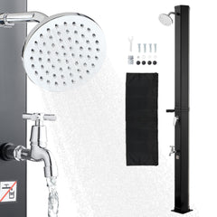 35L Solar Heated Shower, 195cm Showerhead Height Outdoor Shower, with Foot Faucet & Soap Box Rack, Hot & Cold Water Adjustment, Freestanding for Backyard Poolside Beach Pool,Black