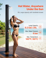 35L Solar Heated Shower, 195cm Showerhead Height Outdoor Shower, with Foot Faucet & Soap Box Rack, Hot & Cold Water Adjustment, Freestanding for Backyard Poolside Beach Pool,Black
