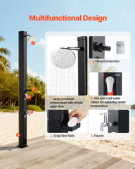 35L Solar Heated Shower, 195cm Showerhead Height Outdoor Shower, with Foot Faucet & Soap Box Rack, Hot & Cold Water Adjustment, Freestanding for Backyard Poolside Beach Pool,Black