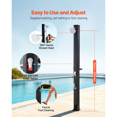 35L Solar Heated Shower, 195cm Showerhead Height Outdoor Shower, with Foot Faucet & Soap Box Rack, Hot & Cold Water Adjustment, Freestanding for Backyard Poolside Beach Pool,Black