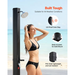 35L Solar Heated Shower, 195cm Showerhead Height Outdoor Shower, with Foot Faucet & Soap Box Rack, Hot & Cold Water Adjustment, Freestanding for Backyard Poolside Beach Pool,Black