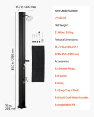 35L Solar Heated Shower, 195cm Showerhead Height Outdoor Shower, with Foot Faucet & Soap Box Rack, Hot & Cold Water Adjustment, Freestanding for Backyard Poolside Beach Pool,Black