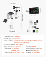 7-in-1 Wi-Fi Weather Station with APP, 190.5 mm VA Display, Wireless Solar Powered Outdoor Sensor, Rain Gauge, Indoor Outdoor for Weather Forecast, Wind Speed, Temperature, Humidity, Rainfall
