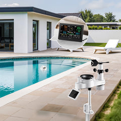7-in-1 Wi-Fi Weather Station with APP, 190.5 mm Display, Wireless Solar Powered Outdoor Sensor, with Pool Thermometer, Rain Gauge, Indoor Outdoor for Weather Forecast Wind Speed Pool Temperature