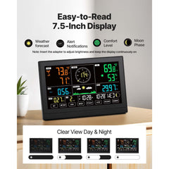 7-in-1 Wireless Weather Station, 190.5 mm VA Display, Solar Powered Outdoor Sensor, Rain Gauge, Indoor Outdoor for Weather Forecast, Temperature, Humidity, Wind Speed and Direction (No WiFi)