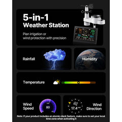 5-in-1 Wireless Weather Station, 190.5 mm VA Display, Solar Powered Outdoor Sensor, Rain Gauge, Indoor Outdoor for Weather Forecast, Temperature, Humidity, Wind Speed and Direction (No WiFi)