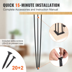 Hairpin Table Legs 0.7M, Set of 4 Desk Legs 408.2KG Load Capacity, Hairpin Desk Legs 3 Rods for Desk Chairs Bench Dining End Table, Solid Carbon Steel Heavy Duty Furniture Legs Black