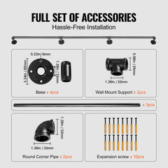 Pipe Stair Handrail, 11FT Staircase Handrail, 440LBS Load Capacity Carbon Steel Pipe Handrail, Industrial Pipe Handrail with Wall Mount Support, Round Corner Wall Handrailing for Indoor, Outdoor