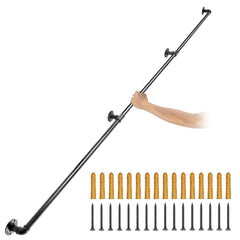 Pipe Stair Handrail, 11FT Staircase Handrail, 440LBS Load Capacity Carbon Steel Pipe Handrail, Industrial Pipe Handrail with Wall Mount Support, Round Corner Wall Handrailing for Indoor, Outdoor