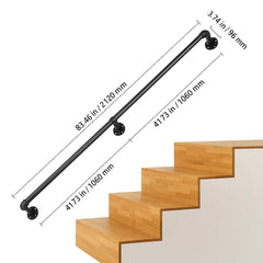 Pipe Stair Handrail, 7FT Staircase Handrail, 440LBS Load Capacity Carbon Steel Pipe Handrail, Industrial Pipe Handrail with Wall Mount Support, Round Corner Wall Handrailings for Indoor, Outdoor