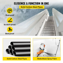 Pipe Stair Handrail, 9FT Staircase Handrail, 440LBS Load Capacity Carbon Steel Pipe Handrail, Industrial Pipe Handrail with Wall Mount Support, Round Corner Wall Handrailings for Indoor, Outdoor