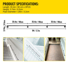 Pipe Stair Handrail, 9FT Staircase Handrail, 440LBS Load Capacity Carbon Steel Pipe Handrail, Industrial Pipe Handrail with Wall Mount Support, Round Corner Wall Handrailings for Indoor, Outdoor