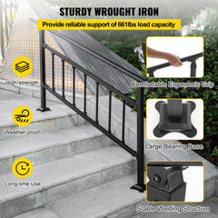 Iron Handrail Stair Railing Hand Rail Kit 1-4 Steps Outdoor Black w/ Bars