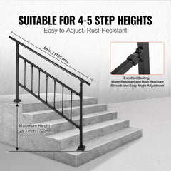 Iron Handrail Stair Railing Hand Rail Kit 1-4 Steps Outdoor Black w/ Bars