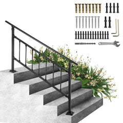 Iron Handrail Stair Railing Hand Rail Kit 1-4 Steps Outdoor Black w/ Bars