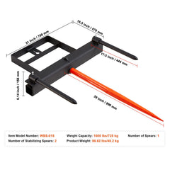 39" Hay Spear, Bale Spears 726kg Loading Capacity, Skid Steer Loader Tractor Bucket Attachment with 2pcs 17.5" Stabilizer Spears and 60" Chain, Quick Attach Spike Forks